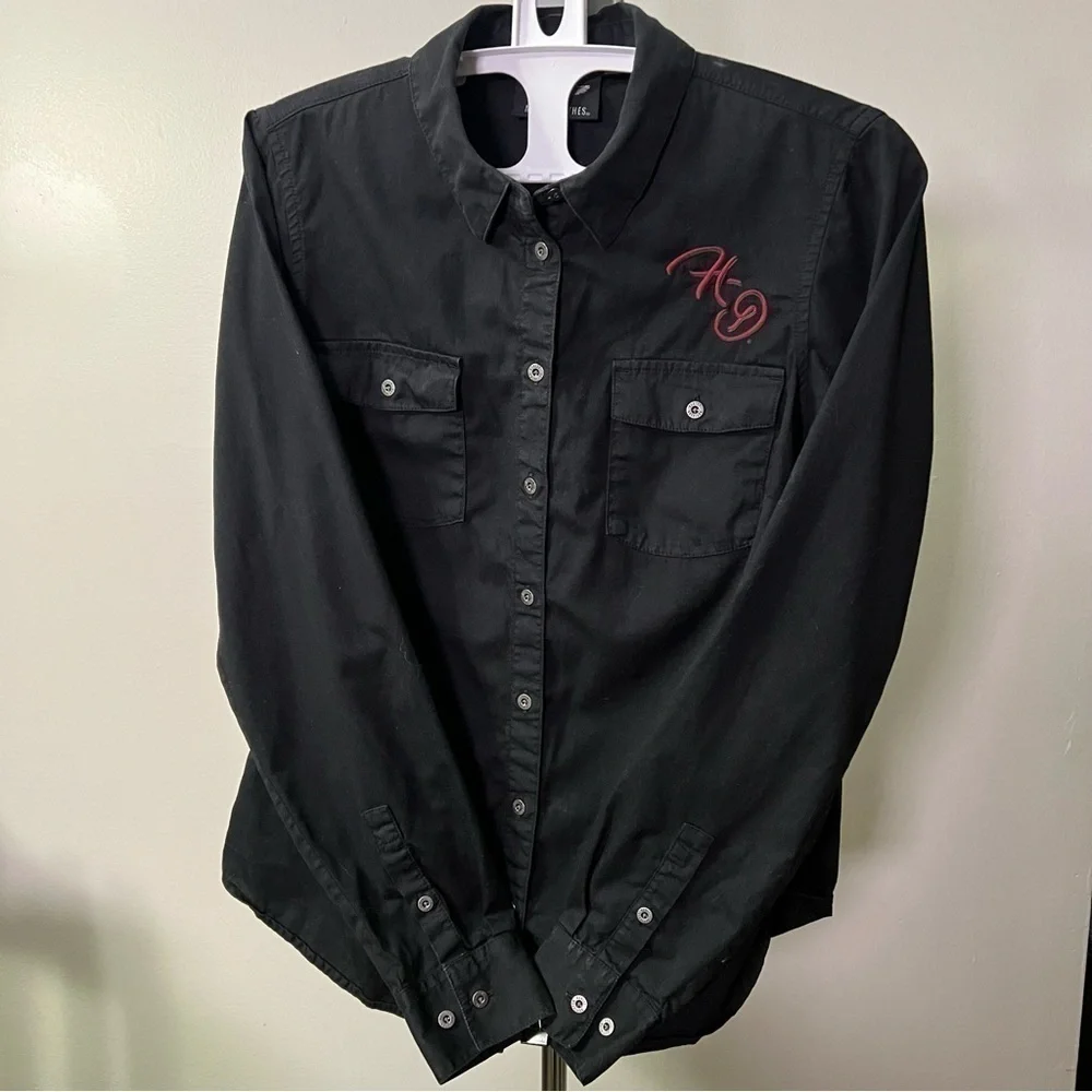 Women's Silver Wing Script Font Solid Twill Shirt Harley Davidson - Picture 3 of 8